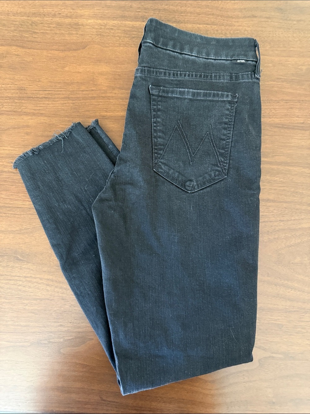 MOTHER Black Frayed Hem Skinny Jeans